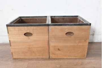 和製ビンテージ　黒柿縁　桐材　和モダンな雰囲気漂う角火鉢2点セット(木製火鉢、手あぶり、ヴィンテージ)(R-084538)