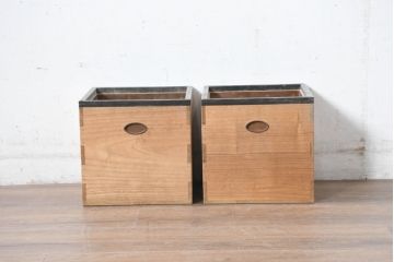 和製ビンテージ　黒柿縁　桐材　和モダンな雰囲気漂う角火鉢2点セット(木製火鉢、手あぶり、ヴィンテージ)(R-084539)