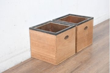 和製ビンテージ　黒柿縁　桐材　和モダンな雰囲気漂う角火鉢2点セット(木製火鉢、手あぶり、ヴィンテージ)(R-084539)