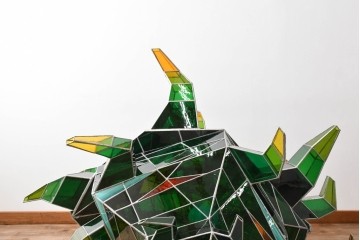 中古　特大1メートル超　希少!!　作家物!!　ステンドグラス芸術家　伊藤誠二　大作!!重厚な存在感と繊細な色彩美を兼ね備えた大型アートオブジェのフロア照明　定価約300万円　(R-084542)