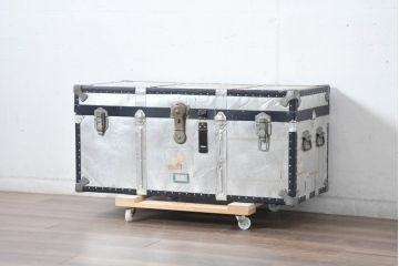 和製ビンテージ　お部屋のアクセントになるジュラルミン船トランク(ジュラルミントランク、舟トランク、アルミトランク、収納、ディスプレイ、ヴィンテージ)(R-084545)