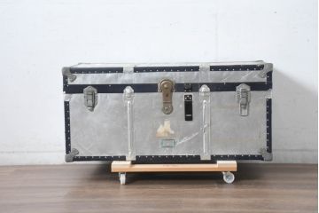 和製ビンテージ　お部屋のアクセントになるジュラルミン船トランク(ジュラルミントランク、舟トランク、アルミトランク、収納、ディスプレイ、ヴィンテージ)(R-084545)