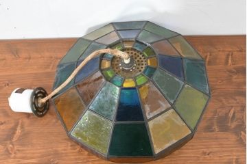《引っ掛けシーリング式ペンダントライト加工費込み》　中古　希少!!　作家物!!　ステンドグラス芸術家　伊藤誠二　ステンドグラスのペンダントライト(天井照明、吊り下げ照明、シェード、電笠)(定価約14万円)(R-084549)