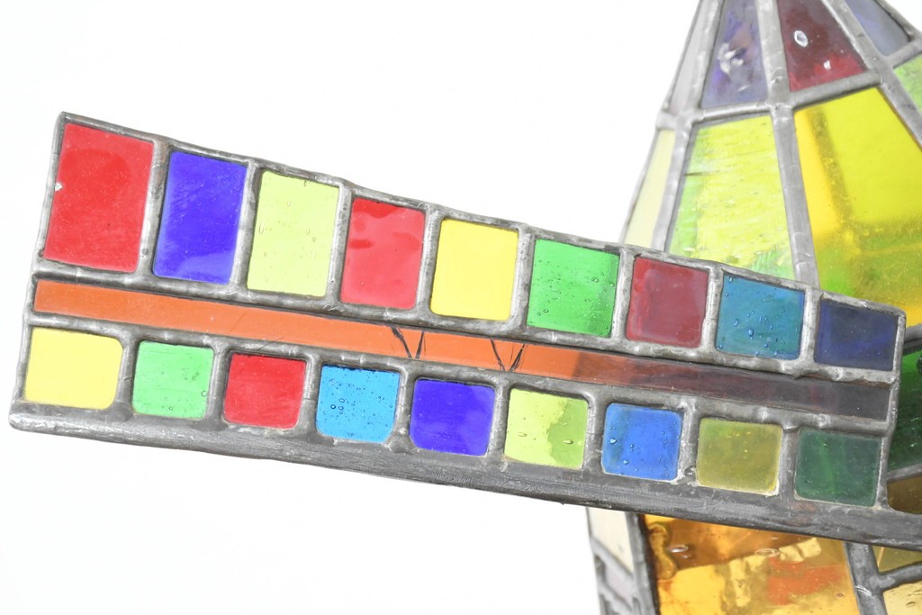 中古　希少!!　作家物!!　ステンドグラス芸術家　伊藤誠二　風車小屋モチーフのステンド卓上ランプ　定価約50万円　(R-084550)