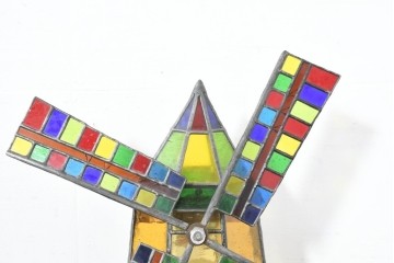 中古　希少!!　作家物!!　ステンドグラス芸術家　伊藤誠二　風車小屋モチーフのステンド卓上ランプ　定価約50万円　(R-084550)