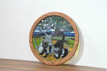 中古　希少!!　作家物!!　ステンドグラス芸術家　伊藤誠二　ステンドグラスのウォールアートパネル・猫(オブジェ、壁飾り)(定価約30万円)(R-084552)