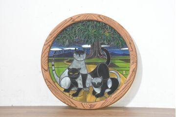 中古　希少!!　作家物!!　ステンドグラス芸術家　伊藤誠二　ステンドグラスのウォールアートパネル・猫(オブジェ、壁飾り)(定価約30万円)(R-084552)