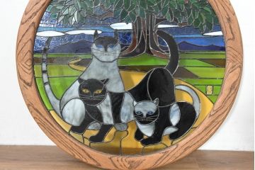 中古　希少!!　作家物!!　ステンドグラス芸術家　伊藤誠二　ステンドグラスのウォールアートパネル・猫(オブジェ、壁飾り)(定価約30万円)(R-084552)