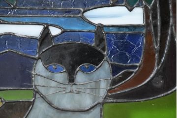 中古　希少!!　作家物!!　ステンドグラス芸術家　伊藤誠二　ステンドグラスのウォールアートパネル・猫(オブジェ、壁飾り)(定価約30万円)(R-084552)