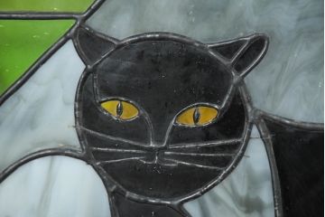 中古　希少!!　作家物!!　ステンドグラス芸術家　伊藤誠二　ステンドグラスのウォールアートパネル・猫(オブジェ、壁飾り)(定価約30万円)(R-084552)