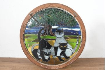 中古　希少!!　作家物!!　ステンドグラス芸術家　伊藤誠二　ステンドグラスのウォールアートパネル・猫(オブジェ、壁飾り)(定価約30万円)(R-084552)