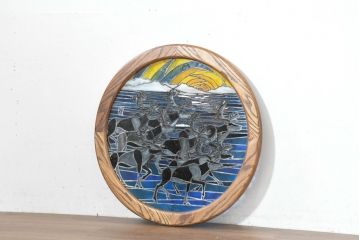 中古　希少!!　作家物!!　ステンドグラス芸術家　伊藤誠二　ステンドグラスのウォールアートパネル・トナカイ(オブジェ、壁飾り)(定価約30万円)(R-084553)