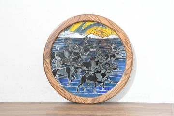 中古　希少!!　作家物!!　ステンドグラス芸術家　伊藤誠二　ステンドグラスのウォールアートパネル・トナカイ(オブジェ、壁飾り)(定価約30万円)(R-084553)