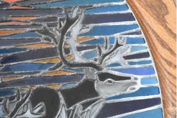 中古　希少!!　作家物!!　ステンドグラス芸術家　伊藤誠二　ステンドグラスのウォールアートパネル・トナカイ(オブジェ、壁飾り)(定価約30万円)(R-084553)