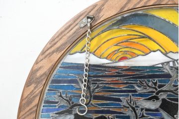 中古　希少!!　作家物!!　ステンドグラス芸術家　伊藤誠二　ステンドグラスのウォールアートパネル・トナカイ(オブジェ、壁飾り)(定価約30万円)(R-084553)