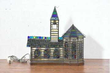 中古　希少!!　作家物!!　ステンドグラス芸術家　伊藤誠二　アートピースとして楽しめるカラフルな家の卓上照明(テーブルランプ、テーブルスタンド、卓上ランプ、ナイトスタンド、ガラスアート、オブジェ)(定価約50万円)(R-084555)