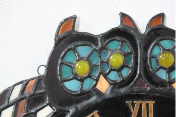 中古　希少!!　作家物!!　ステンドグラス芸術家　伊藤誠二　つがいの梟(フクロウ・ふくろう)　ステンドグラスの壁掛け時計(ウォールクロック)(定価約13万円)(R-084558)