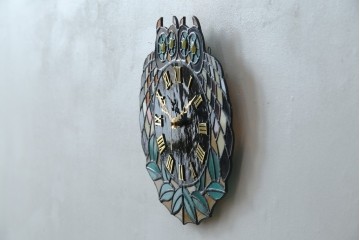 中古　希少!!　作家物!!　ステンドグラス芸術家　伊藤誠二　つがいの梟(フクロウ・ふくろう)　ステンドグラスの壁掛け時計(ウォールクロック)(定価約13万円)(R-084558)