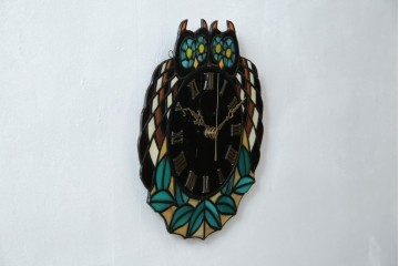 中古　希少!!　作家物!!　ステンドグラス芸術家　伊藤誠二　つがいの梟(フクロウ・ふくろう)　ステンドグラスの壁掛け時計(ウォールクロック)(定価約13万円)(R-084558)