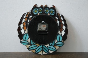 中古　希少!!　作家物!!　ステンドグラス芸術家　伊藤誠二　つがいの梟(フクロウ・ふくろう)　ステンドグラスの壁掛け時計(ウォールクロック)(定価約13万円)(R-084558)