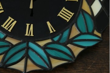 中古　希少!!　作家物!!　ステンドグラス芸術家　伊藤誠二　つがいの梟(フクロウ・ふくろう)　ステンドグラスの壁掛け時計(ウォールクロック)(定価約13万円)(R-084558)