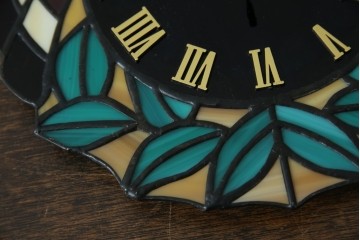 中古　希少!!　作家物!!　ステンドグラス芸術家　伊藤誠二　つがいの梟(フクロウ・ふくろう)　ステンドグラスの壁掛け時計(ウォールクロック)(定価約13万円)(R-084558)