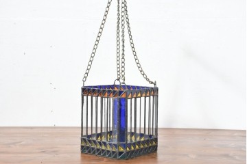 中古　希少!!　作家物!!　ステンドグラス芸術家　伊藤誠二　格子と三角模様が美しいステンドグラスのシェード　定価約14万円相当　(R-084569)