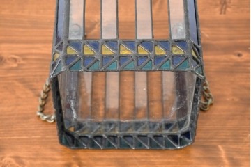 中古　希少!!　作家物!!　ステンドグラス芸術家　伊藤誠二　格子と三角模様が美しいステンドグラスのシェード　定価約14万円相当　(R-084569)