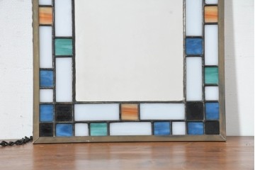 中古　希少!!　作家物!!　ステンドグラス芸術家　伊藤誠二　色ガラスが縁取るステンドグラスのミラー　定価約8万円相当　(R-084575)