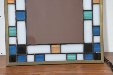 中古　希少!!　作家物!!　ステンドグラス芸術家　伊藤誠二　色ガラスが縁取るステンドグラスのミラー　定価約8万円相当　(R-084575)
