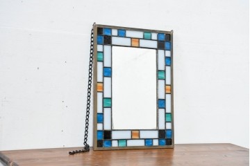 中古　希少!!　作家物!!　ステンドグラス芸術家　伊藤誠二　色ガラスが縁取るステンドグラスのミラー　定価約8万円相当　(R-084575)