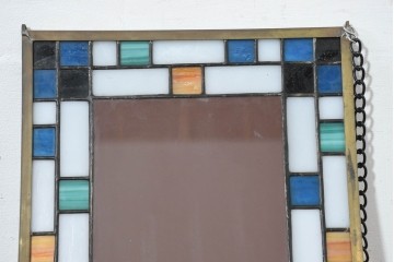 中古　希少!!　作家物!!　ステンドグラス芸術家　伊藤誠二　色ガラスが縁取るステンドグラスのミラー　定価約8万円相当　(R-084575)