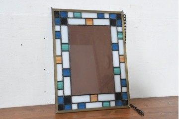 中古　希少!!　作家物!!　ステンドグラス芸術家　伊藤誠二　色ガラスが縁取るステンドグラスのミラー　定価約8万円相当　(R-084575)