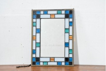 中古　希少!!　作家物!!　ステンドグラス芸術家　伊藤誠二　色ガラスが縁取るステンドグラスのミラー　定価約8万円相当　(R-084575)