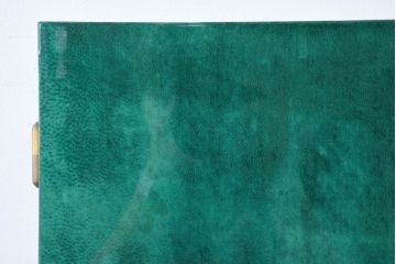 イタリアビンテージ　激レア!!　イタリア高級家具　アルド・トゥーラ(ALDO TURA)　仔山羊革張り　シャープで美しい脚の造形美と個性が光る鮮烈なグリーンに目を奪われる三面鏡ドレッサー(化粧台、鏡台、ミラー、ヴィンテージ)(R-084592)