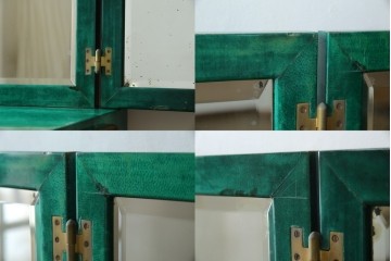 イタリアヴィンテージ　激レア!!　イタリア高級家具　アルド・トゥーラ(ALDO TURA)　仔山羊革張り　シャープで美しい脚の造形美と個性が光る鮮烈なグリーンに目を奪われる三面鏡ドレッサー　(R-084592)