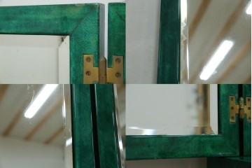 イタリアヴィンテージ　激レア!!　イタリア高級家具　アルド・トゥーラ(ALDO TURA)　仔山羊革張り　シャープで美しい脚の造形美と個性が光る鮮烈なグリーンに目を奪われる三面鏡ドレッサー　(R-084592)