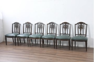 中古　美品　カリモク家具　domani(ドマーニ)　QUEENS LIFE(クイーンズライフ)　本革　優美なフォルムで格調高い雰囲気漂うダイニングチェア6脚セット(アームレスチェア、椅子、イス、バラ売り可能)(現行価格約132万円)(R-084600)