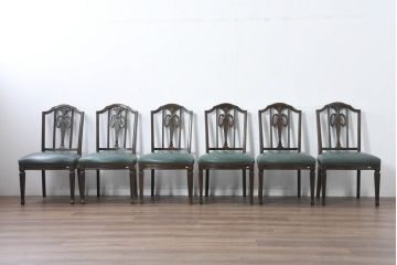 中古　美品　カリモク家具　domani(ドマーニ)　QUEENS LIFE(クイーンズライフ)　本革　優美なフォルムで格調高い雰囲気漂うダイニングチェア6脚セット(アームレスチェア、椅子、イス、バラ売り可能)(現行価格約132万円)(R-084600)
