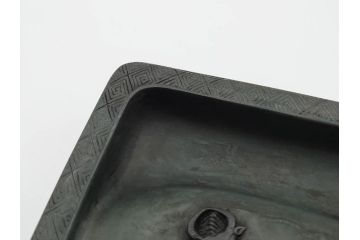 中国　鹿原林信　漢詩　石紋　臥牛硯　象彫　縁石硯(書道具、彫刻、習字、外箱付)(R-084616)