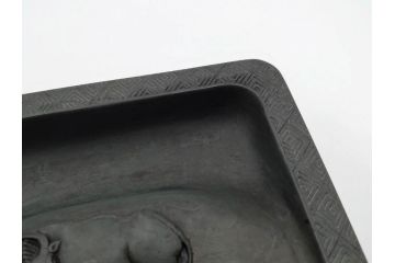 中国　鹿原林信　漢詩　石紋　臥牛硯　象彫　縁石硯(書道具、彫刻、習字、外箱付)(R-084616)
