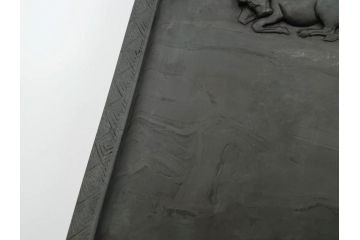 中国　鹿原林信　漢詩　石紋　臥牛硯　象彫　縁石硯(書道具、彫刻、習字、外箱付)(R-084616)