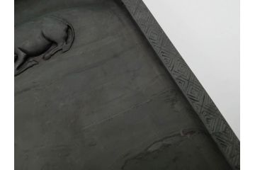 中国　鹿原林信　漢詩　石紋　臥牛硯　象彫　縁石硯(書道具、彫刻、習字、外箱付)(R-084616)