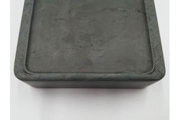 中国　鹿原林信　漢詩　石紋　臥牛硯　象彫　縁石硯(書道具、彫刻、習字、外箱付)(R-084616)