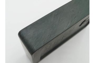 中国　鹿原林信　漢詩　石紋　臥牛硯　象彫　縁石硯(書道具、彫刻、習字、外箱付)(R-084616)
