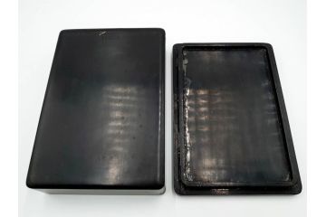 中国　鹿原林信　漢詩　石紋　臥牛硯　象彫　縁石硯(書道具、彫刻、習字、外箱付)(R-084616)
