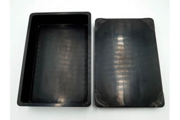 中国　鹿原林信　漢詩　石紋　臥牛硯　象彫　縁石硯(書道具、彫刻、習字、外箱付)(R-084616)