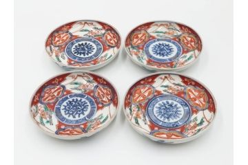 江戸期　古伊万里　冨貴長春　色絵　染付　金彩　約12cm　3.8寸　上品な雰囲気漂う小皿4枚セット　(R-084617)