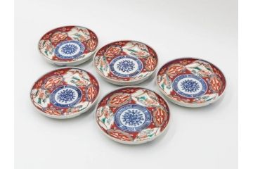 江戸期　古伊万里　冨貴長春　色絵　染付　金彩　約12cm　3.7寸　緻密な絵付けが目を引く小皿5枚セット　(R-084618)