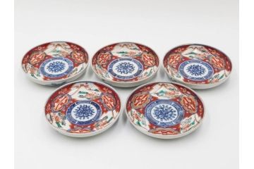 江戸期　古伊万里　冨貴長春　色絵　染付　金彩　約12cm　3.7寸　緻密な絵付けが目を引く小皿5枚セット　(R-084618)
